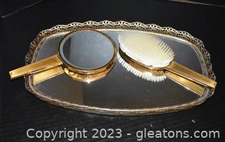 Mirror Tray with Gold Ormolu Galley- Gold Tone Hand Mirror & Brush 